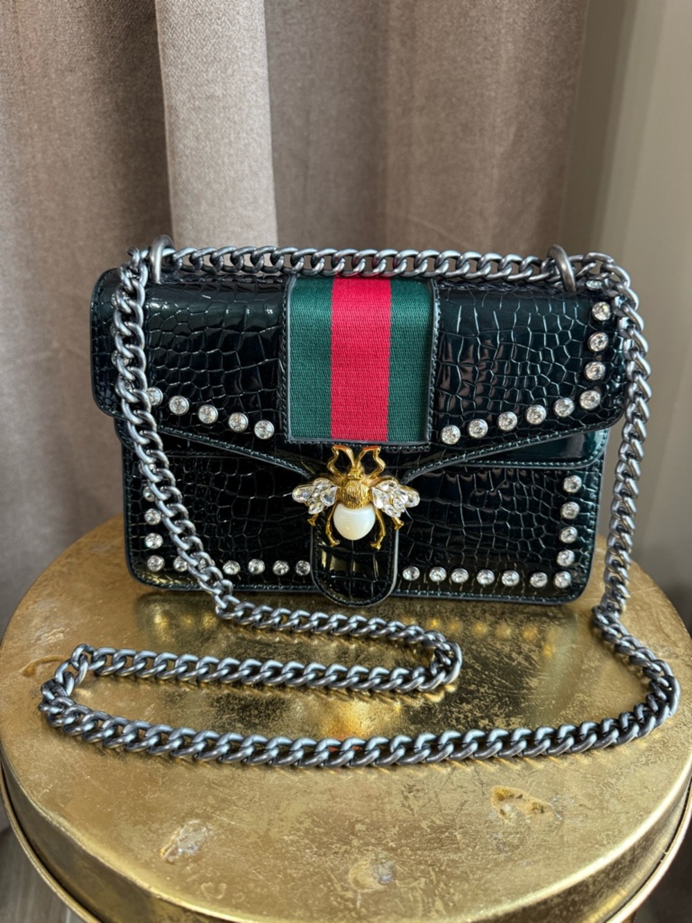 Black Croc-Effect Chain Shoulder Bag - Bee Clasp | Studded Designer Style Purse